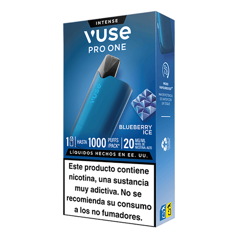 El Vuse Pro One Box - Arándano Ice de Vuse es un dispositivo de vapeo reutilizable de color azul con hasta 1000 caladas, 20 mg/mL de nicotina y una advertencia en español que indica que la nicotina es adictiva y no apta para no fumadores.