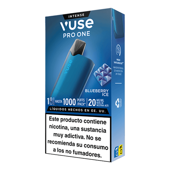 El Vuse Pro One Box - Arándano Ice de Vuse es un dispositivo de vapeo reutilizable de color azul con hasta 1000 caladas, 20 mg/mL de nicotina y una advertencia en español que indica que la nicotina es adictiva y no apta para no fumadores.
