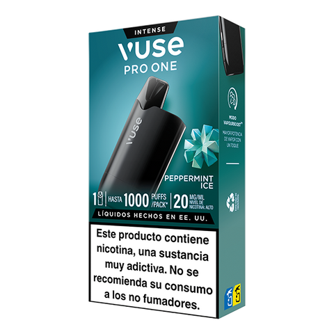 La Vuse Pro One Box - Menta Ice de Vuse incluye dispositivo negro reutilizable, envase con temática de menta y advertencias en español sobre la adicción a la nicotina; no recomendada para no fumadores.