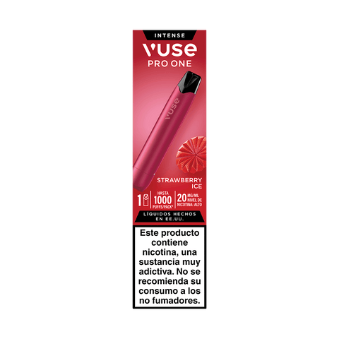Descubre el Vuse Pro One Pen - Fresa Ice de Vuse: un dispositivo de vapeo sostenible que ofrece un refrescante sabor a fresa helada. Disfruta de hasta 1.000 caladas con una concentración de nicotina de 20 mg. Incluye en la parte inferior una advertencia en español sobre la adicción a la nicotina dirigida a los no fumadores.