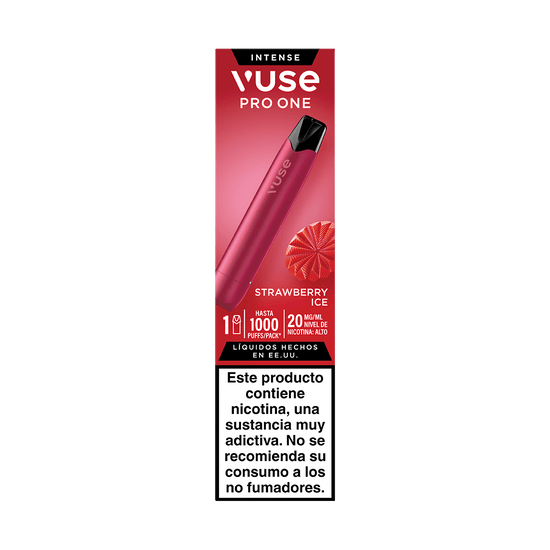 Descubre el Vuse Pro One Pen - Fresa Ice de Vuse: un dispositivo de vapeo sostenible que ofrece un refrescante sabor a fresa helada. Disfruta de hasta 1.000 caladas con una concentración de nicotina de 20 mg. Incluye en la parte inferior una advertencia en español sobre la adicción a la nicotina dirigida a los no fumadores.