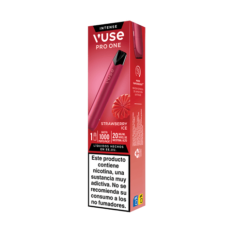 Un Vuse Pro One Pen rojo - Fresa Ice de Vuse, con un diseño sostenible para vapeo y sabor a fresa helada. El envase muestra una imagen de un caramelo de fresa, información sobre la dosis y lleva un texto de advertencia en español sobre la adicción a la nicotina.