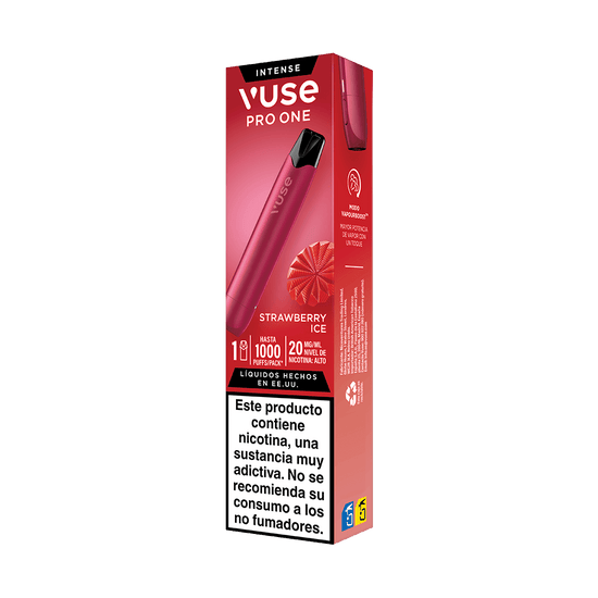 Un Vuse Pro One Pen rojo - Fresa Ice de Vuse, con un diseño sostenible para vapeo y sabor a fresa helada. El envase muestra una imagen de un caramelo de fresa, información sobre la dosis y lleva un texto de advertencia en español sobre la adicción a la nicotina.