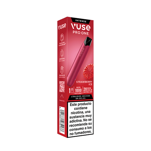 Un Vuse Pro One Pen rojo —caja de Fresa Ice de Vuse—, en el que se muestra una ilustración de una rodaja de fresa, un dispositivo Vuse Pro One Pen y, en la parte inferior, una advertencia sobre la nicotina en español que destaca «el pod de Fresa Ice para un vapeo sostenible».