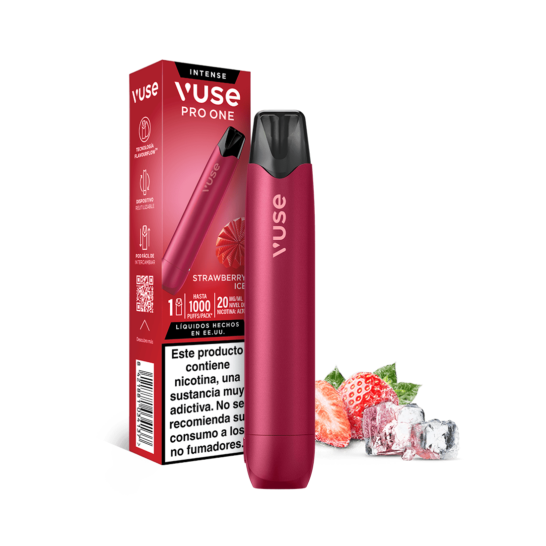 Vuse Pro One Pen - Fresa Ice de Vuse, junto a su embalaje. Se han colocado fresas frescas y cubitos de hielo junto al dispositivo para resaltar el sabor Fresa Ice y reforzar el concepto de «vapeo sostenible». El embalaje incluye advertencias sanitarias en español.