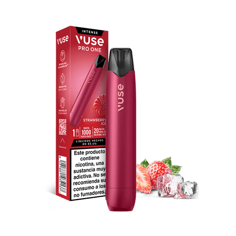 Vuse Pro One Pen - Fresa Ice de Vuse, junto a su embalaje. Se han colocado fresas frescas y cubitos de hielo junto al dispositivo para resaltar el sabor Fresa Ice y reforzar el concepto de «vapeo sostenible». El embalaje incluye advertencias sanitarias en español.