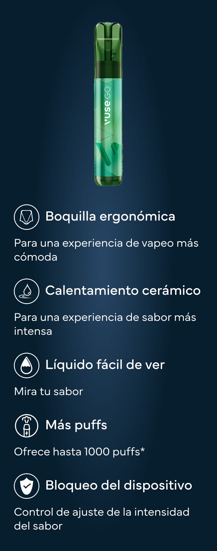 Vape verde con el texto INSEGO y seis características al lado: boquilla ergonómica, calentamiento cerámico, líquido visible, más caladas (hasta 1000), control de sabor y bloqueo del dispositivo. Fondo azul oscuro.