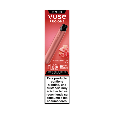 Vuse Pro One Pen de color rojo, con cápsula de sabor Sandía Ice y advertencia en español: Este producto contiene nicotina, una sustancia muy adictiva. No se recomienda su consumo a los no fumadores. Ideal para quienes buscan una experiencia de vapeo sostenible.