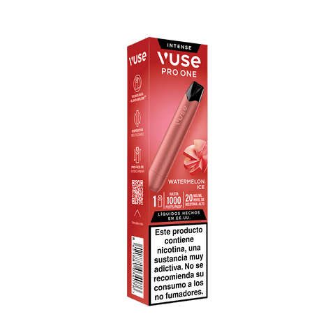 Vuse Pro One Pen - Caja de vapeador desechable Sandia Ice, que presenta el Vuse Pro One Pen con el sabor fresco y refrescante de Sandia Ice. El diseño incluye una imagen del producto, el icono del sabor, advertencias sobre la nicotina, un código QR y una advertencia en español para los no fumadores sobre la nicotina. Con un fondo blanco que le da un aspecto limpio, este envase es perfecto para quienes buscan un vapeo sostenible de Vuse.