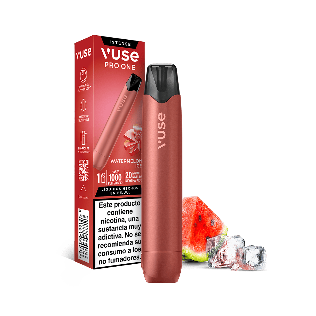 Un Vuse Pro One Pen —Sandia Ice— en un llamativo color rojo se encuentra junto a su caja de marca, en la que se indica el refrescante sabor «Sandia Ice». Delante hay rodajas de sandía y cubitos de hielo dispuestos para resaltar el sabor fresco de este cartucho, con una etiqueta de advertencia en español visible en el envase. Perfecto para quienes buscan una experiencia de vapeo sostenible de la marca Vuse, con un estilo y una frescura incomparables.