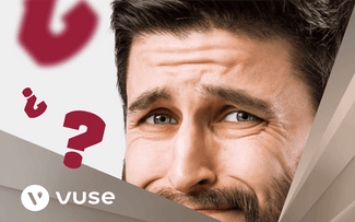 Un hombre con expresión confusa está rodeado de grandes signos de interrogación rojos. El logotipo de Vuse aparece en la esquina inferior izquierda de la imagen.