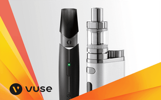 Un dispositivo de vapeo negro y plateado y un mod de vapeo blanco con un tanque de cristal se muestran uno al lado del otro. El logotipo de Vuse y las formas gráficas naranjas y amarillas aparecen en la esquina inferior izquierda de la imagen.
